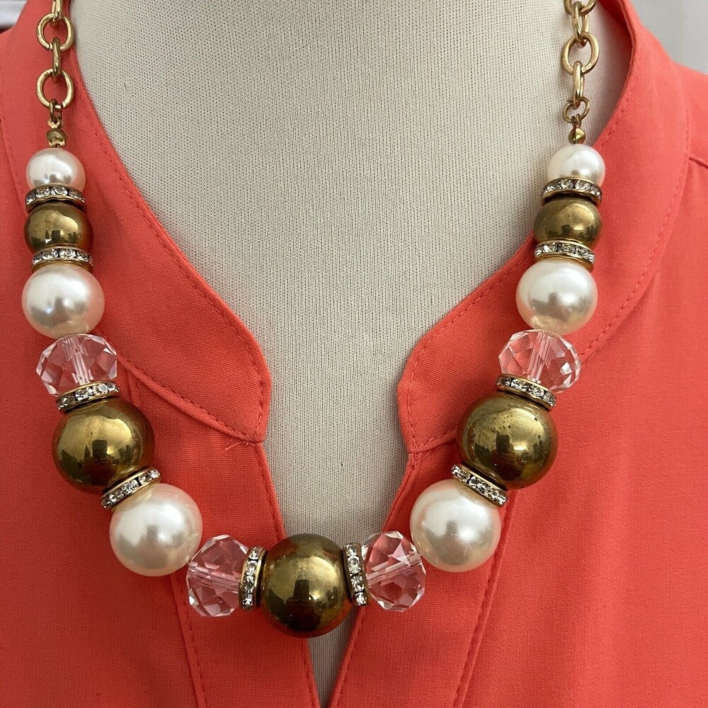Clear Faux Pearl White Beaded Gold-tone Chain Women's Fashion‎ Necklace